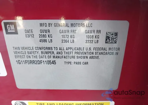 2013 Chevrolet Malibu Eco Premium Audio z USA, uszkodzony, nr VIN 1G11F5RR2DF110545